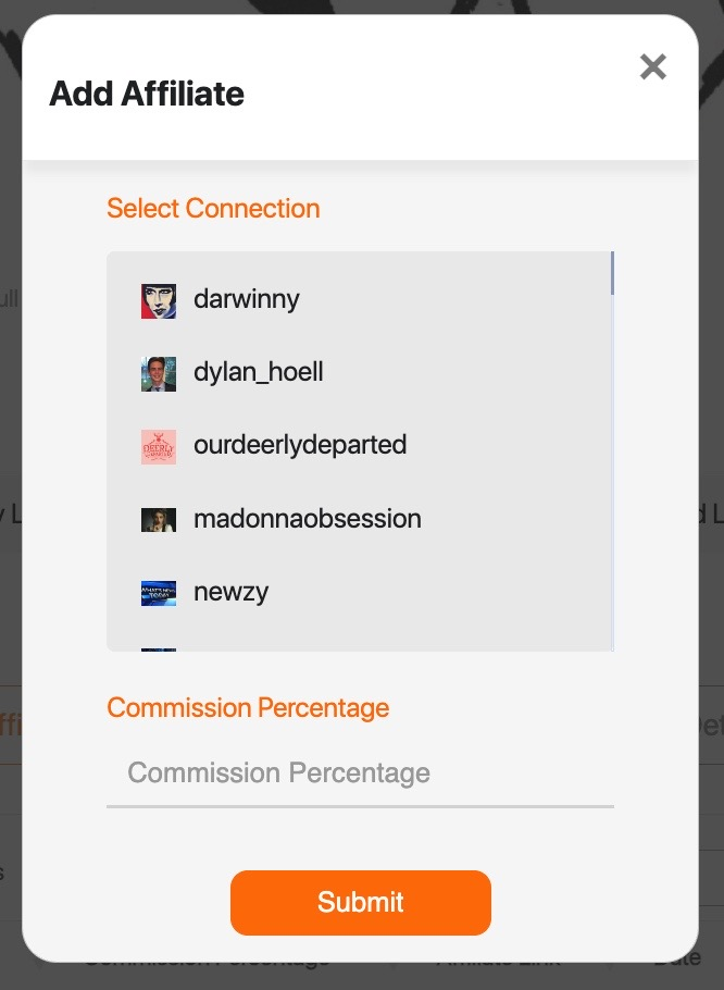 Add Affiliate dialog for selecting a connection and setting a commission percentage