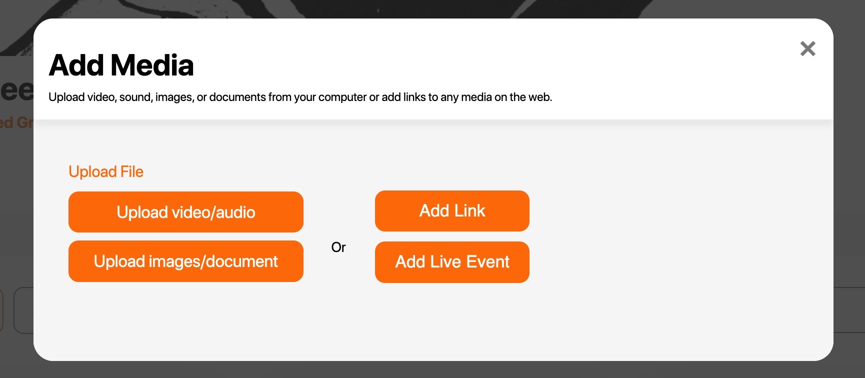 Add Media dialog showing upload, add link, and add live event options