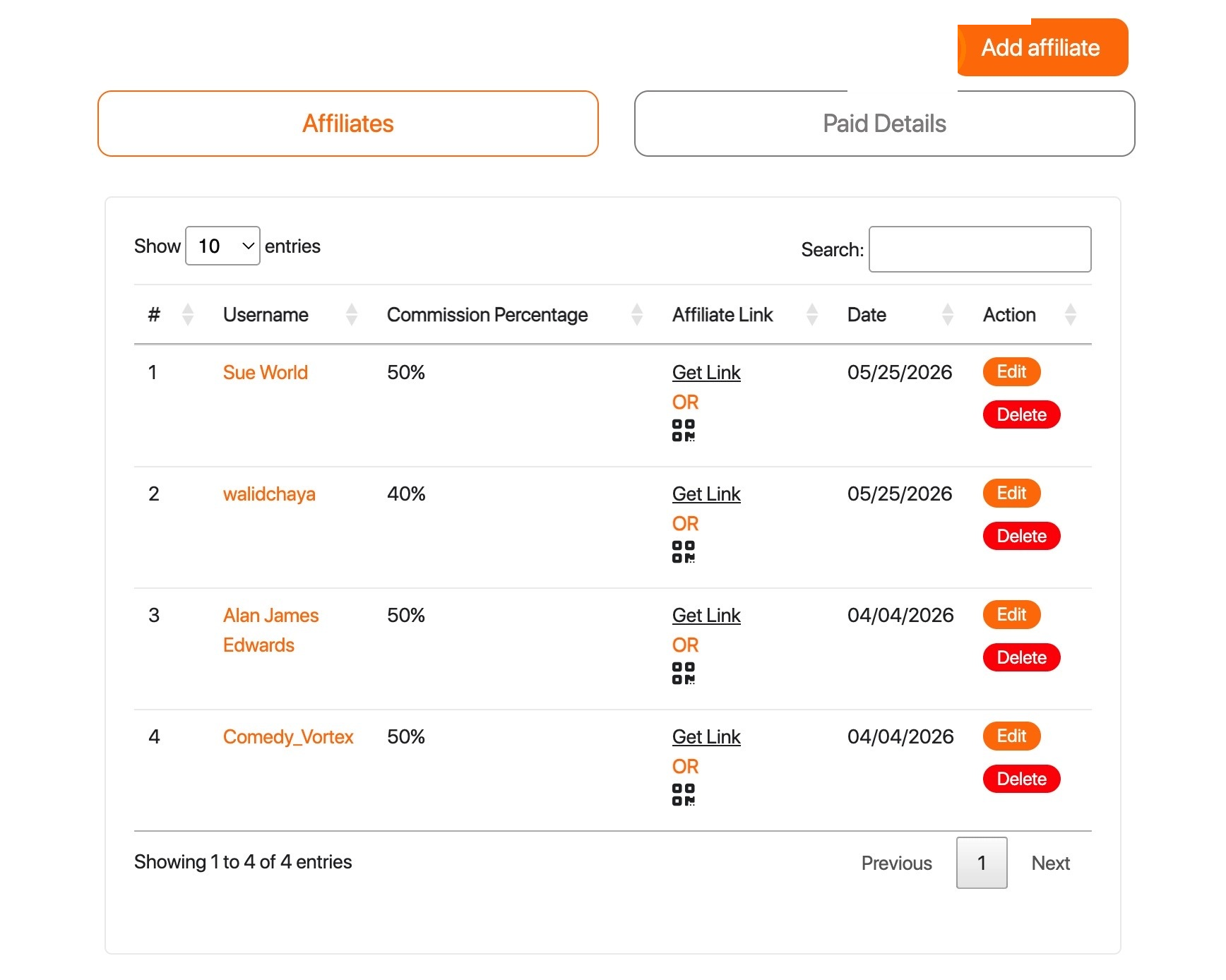 Affiliates table listing connected clippers, commission percentages, and affiliate links