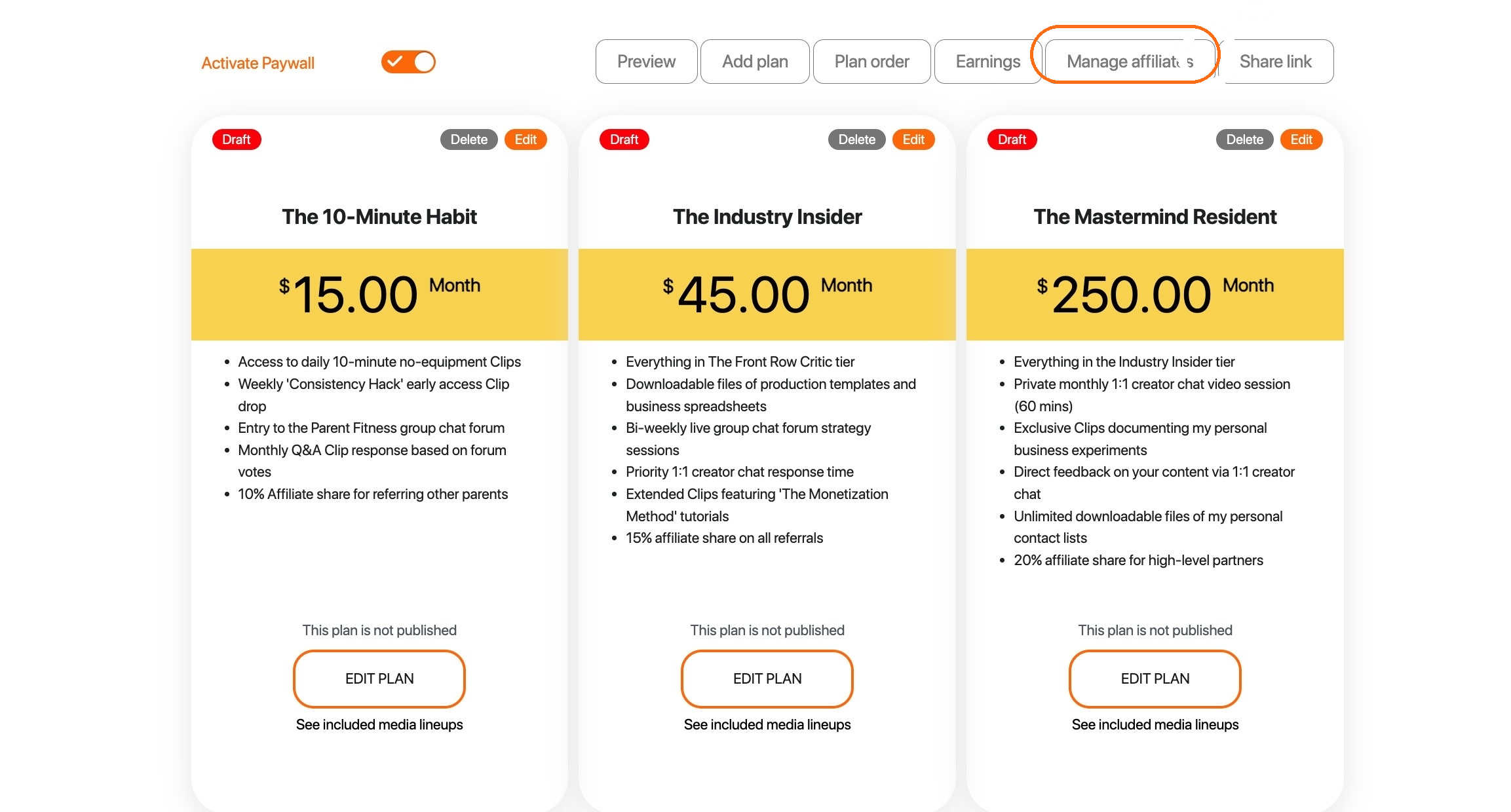 Paywall plans screen with the Manage affiliates button highlighted