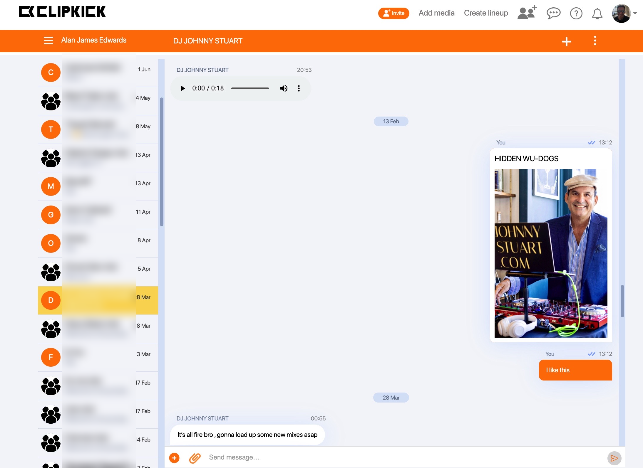 Clipkick chat inbox showing a conversation with a connected clipper, including a shared image and voice memo