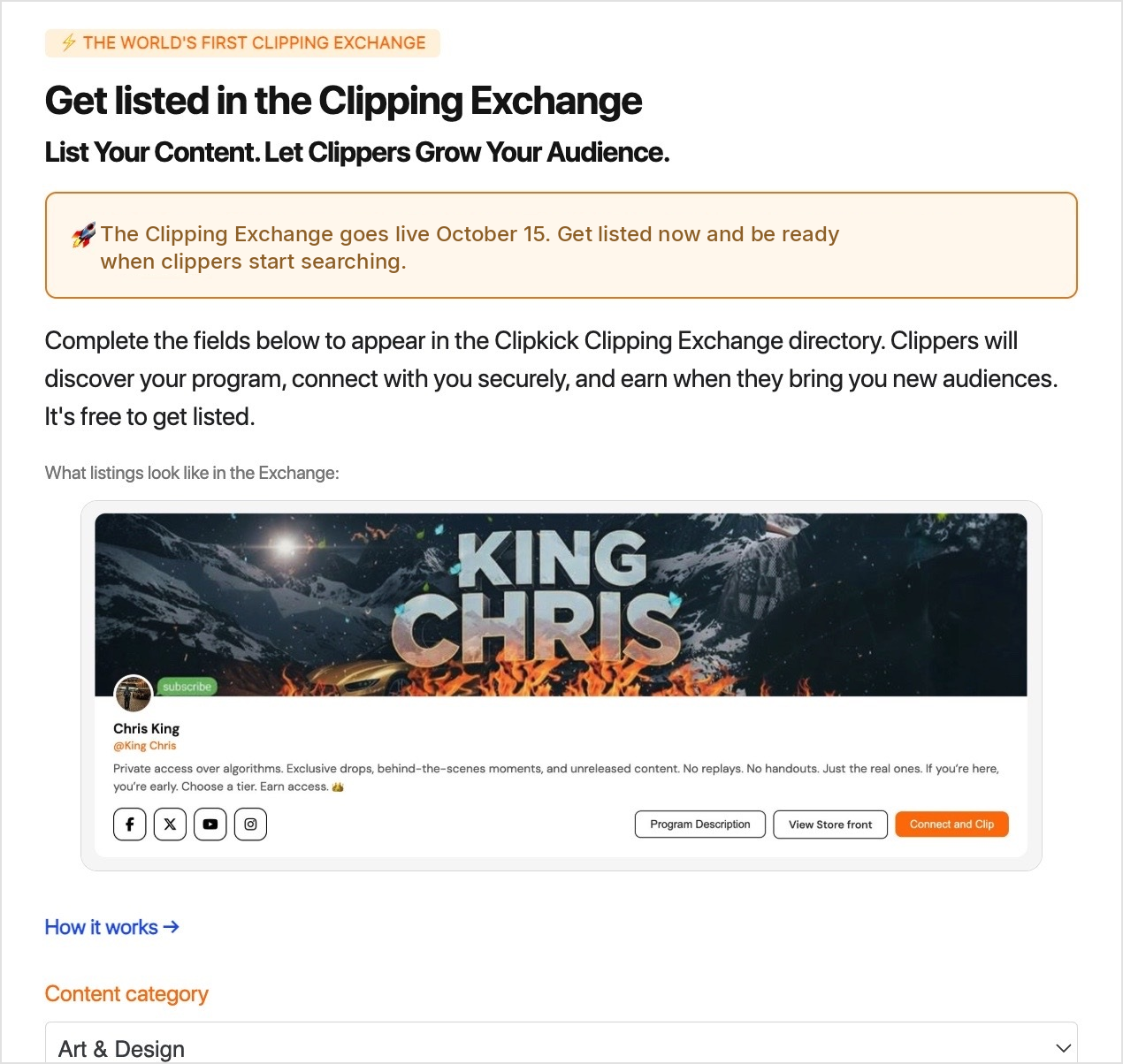 Example Clipping Exchange listing for the creator King Chris, showing cover image, bio, social links, and compensation terms