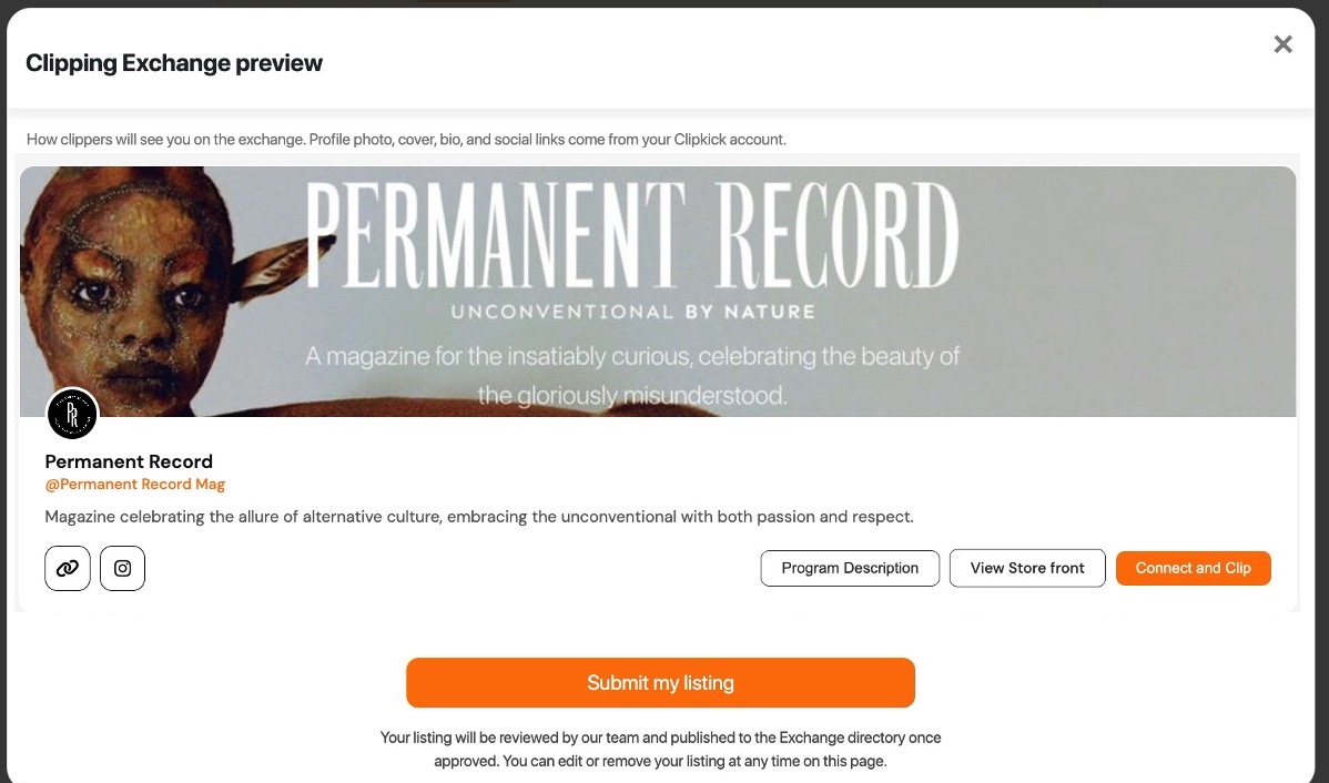 Clipping Exchange preview screen for the creator Permanent Record, with a Submit my listing button