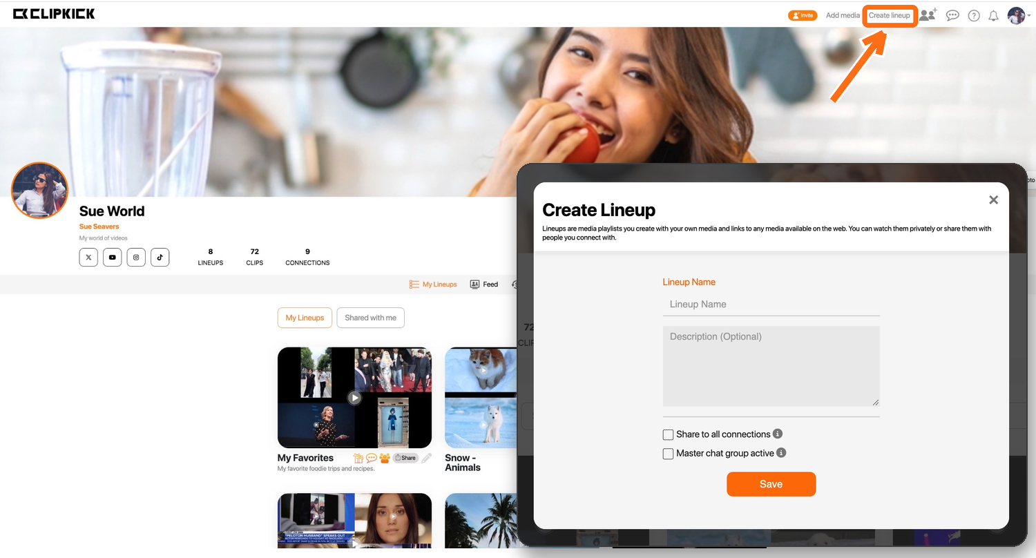 Creating a Lineup from a creator profile page, with the Create Lineup dialog open
