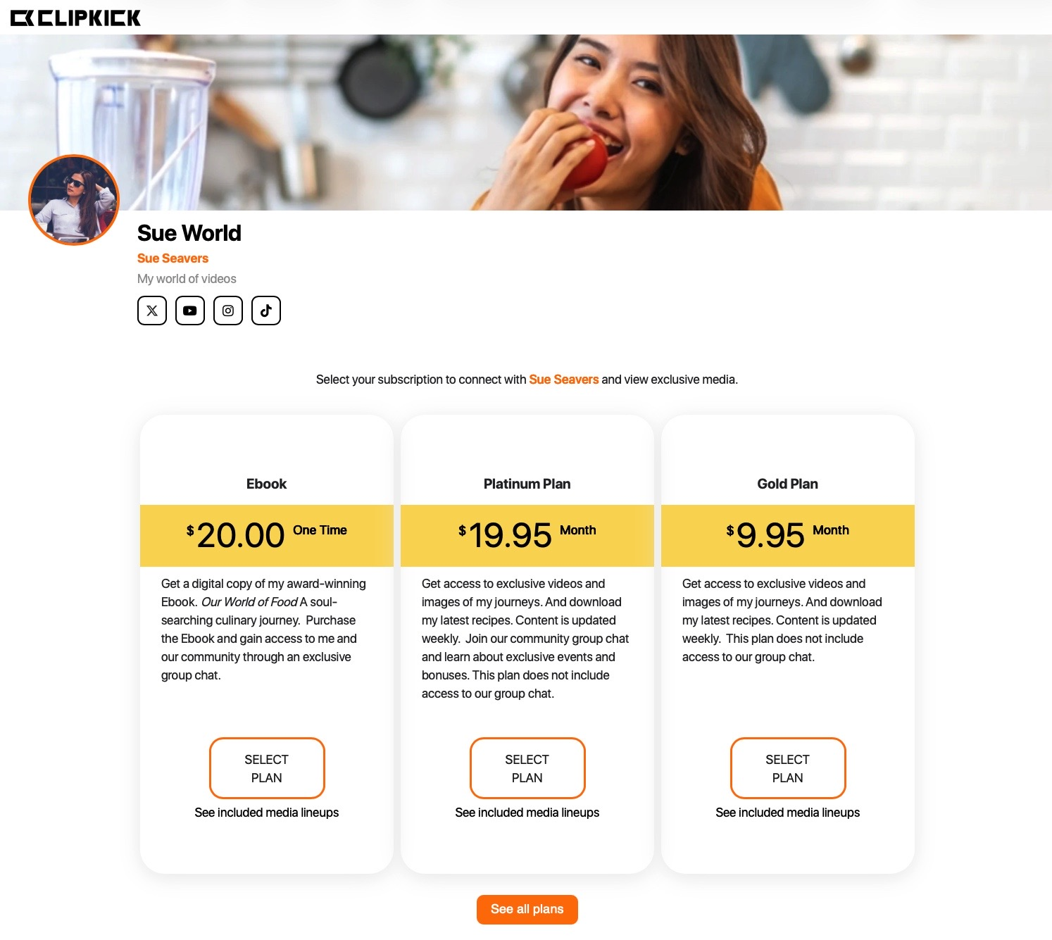 A live paywall page showing the creator profile and three subscription plans