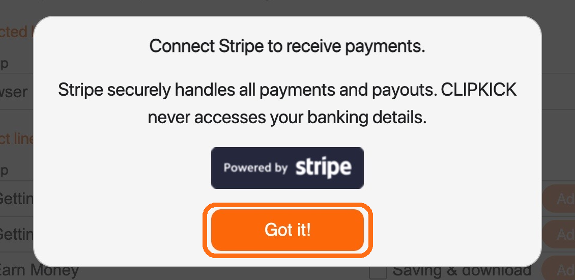 The Connect Stripe to receive payments message with the Got it button highlighted