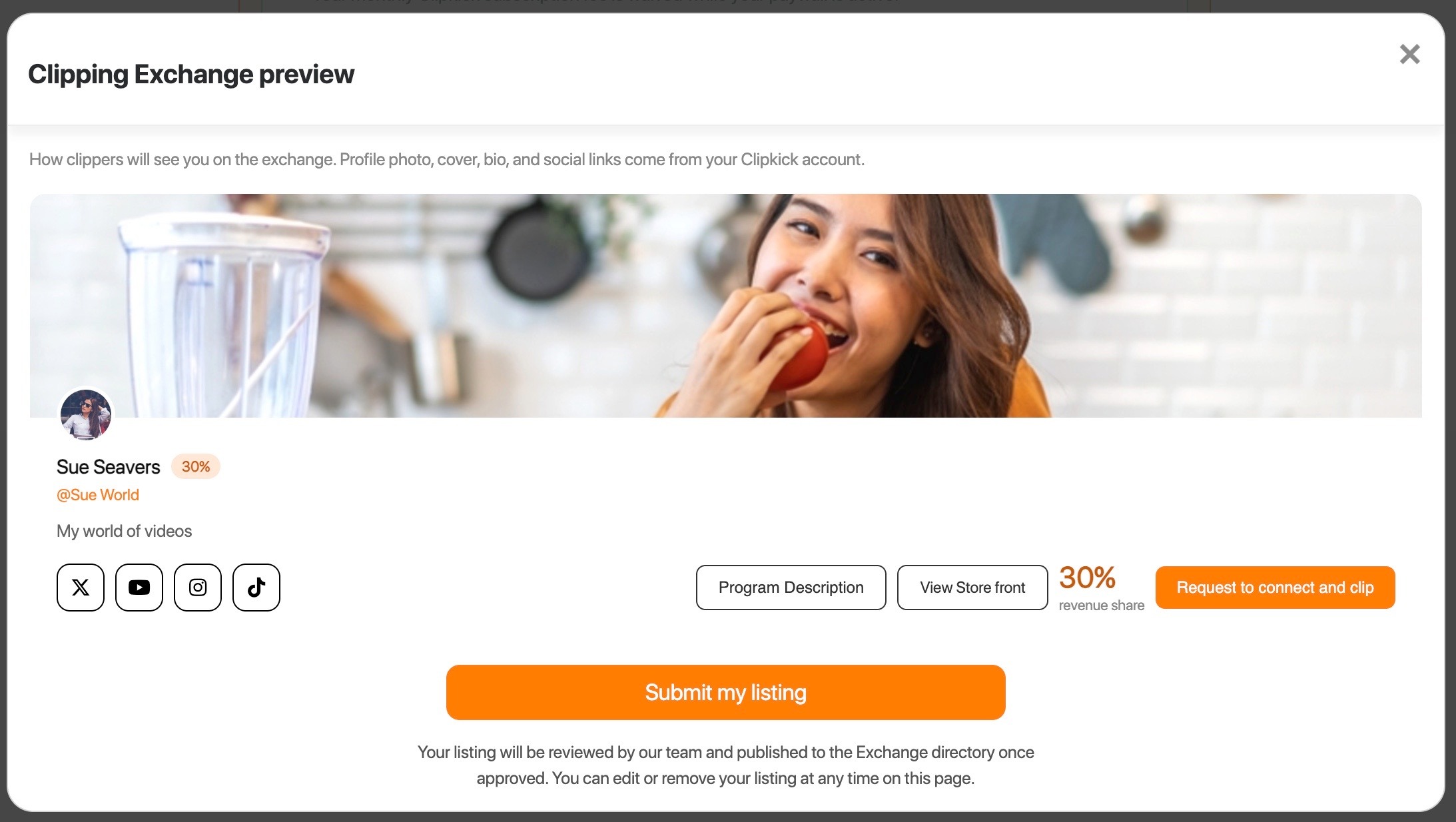 Clipping Exchange preview screen for the creator Permanent Record, with a Submit my listing button